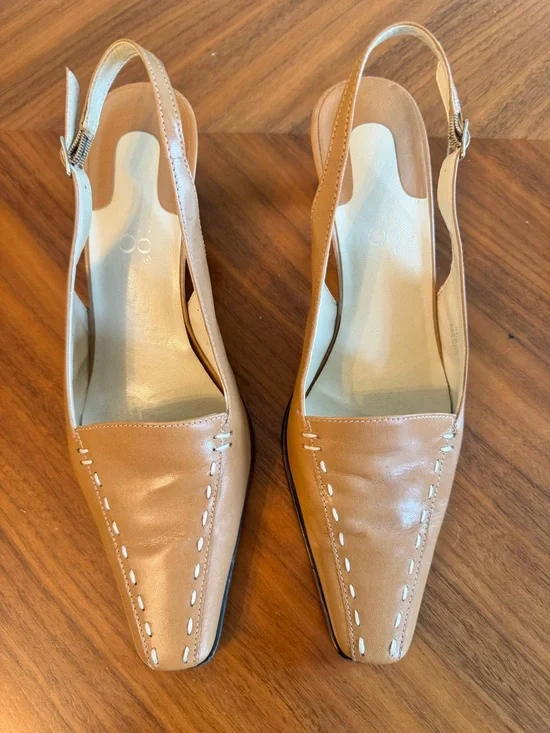 Franco Sarto Slingback Heels Tan Leather Square Toe Size 8 Chic - Picture 4 of 13